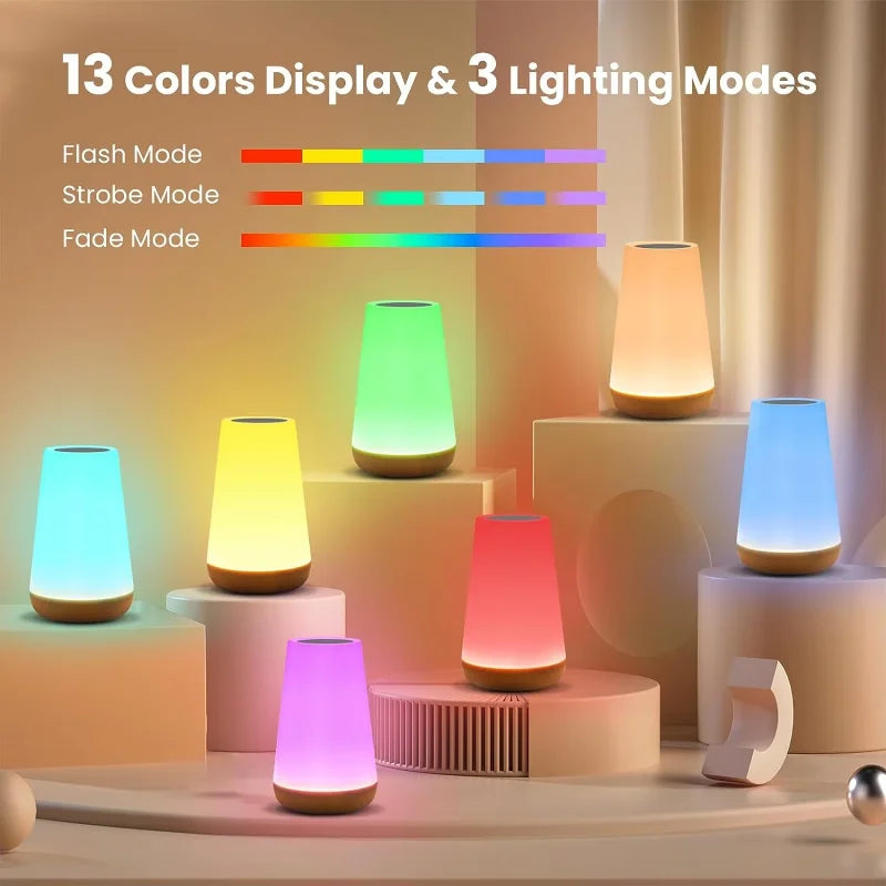 Rechargeable Touch Bedside Night Light – 13 Color LED Table Lamp with Remote Control, Dimmable Brightness & Portable Bedroom Ambient Lighting