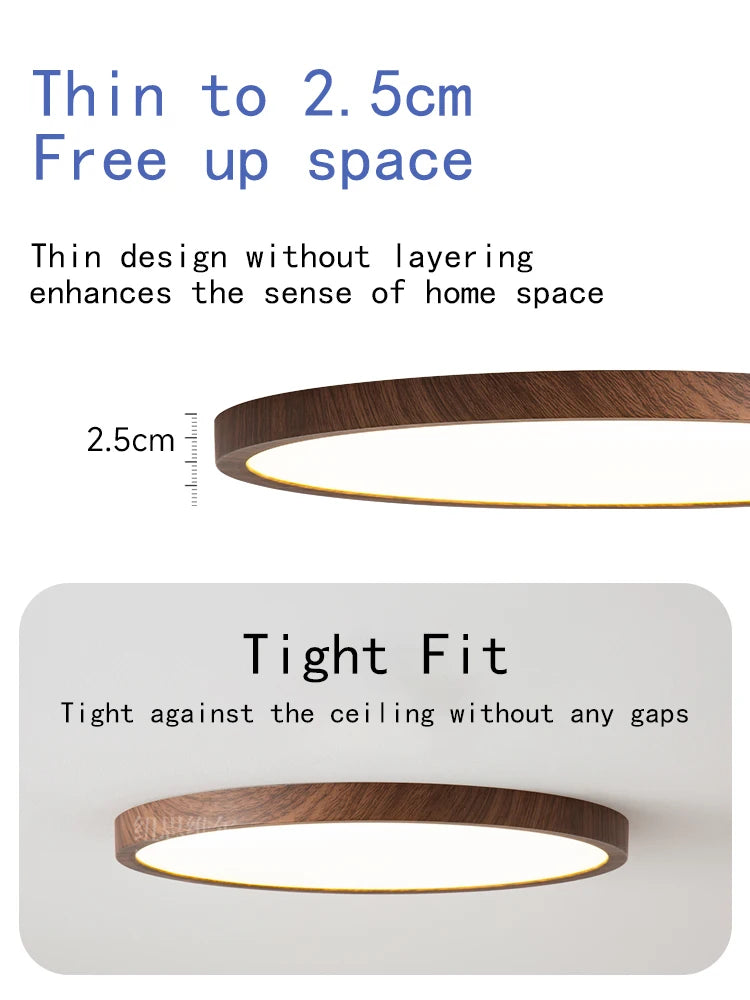 Modern Ultra-Thin LED Wood Grain Ceiling Light Circular Flush Mount Lamp – Walnut Style Ceiling Lighting for Bedroom, Living Room, Dining Room, Balcony & Home Interior