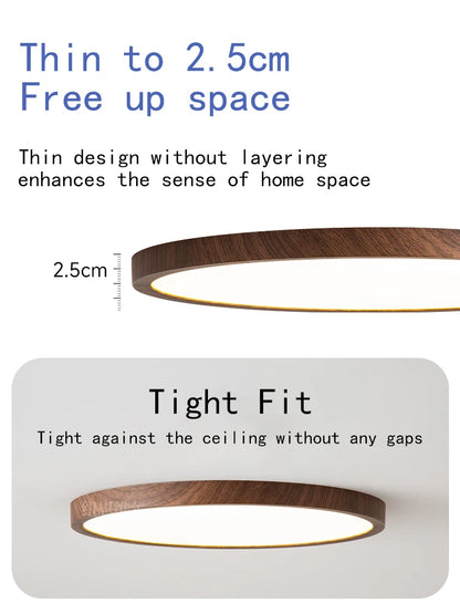 Modern Ultra-Thin LED Wood Grain Ceiling Light Circular Flush Mount Lamp – Walnut Style Ceiling Lighting for Bedroom, Living Room, Dining Room, Balcony & Home Interior