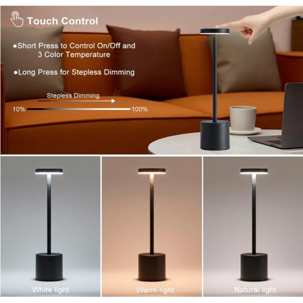Portable Rechargeable Cordless LED Table Lamp – Touch Control Dimmable Bedside Night Light with 3 Color Modes for Bedroom, Desk, Restaurant & Room Decor