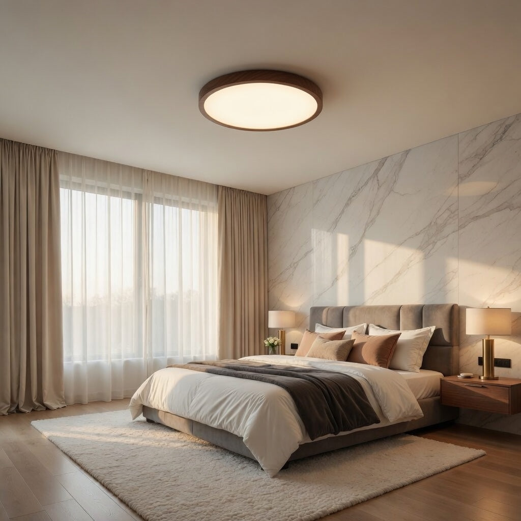 Modern Ultra-Thin LED Wood Grain Ceiling Light Circular Flush Mount Lamp – Walnut Style Ceiling Lighting for Bedroom, Living Room, Dining Room, Balcony & Home Interior